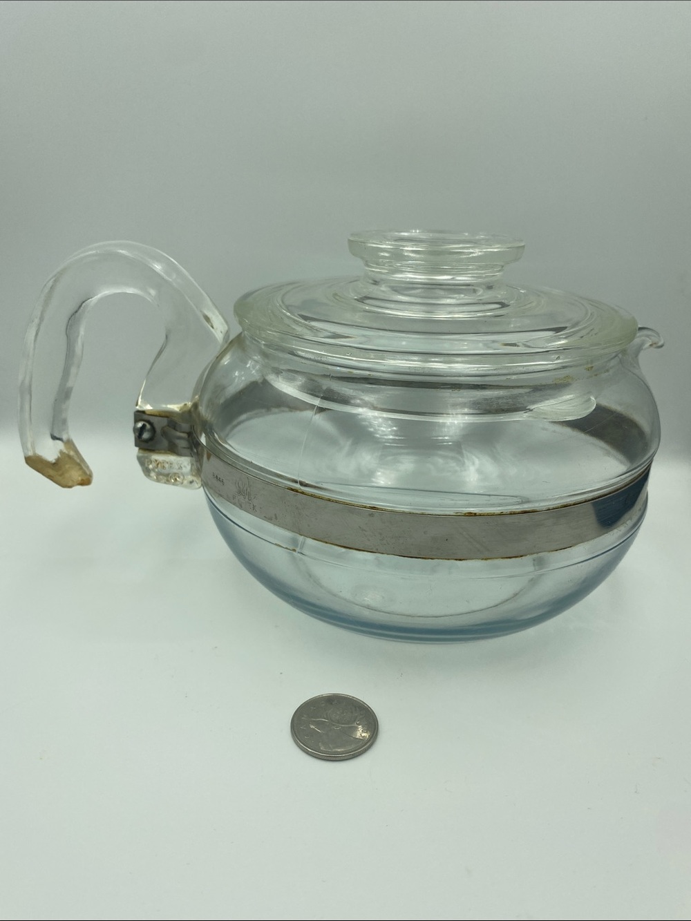 Pyrex Clear Glass Teapot with Silver Band Vintage